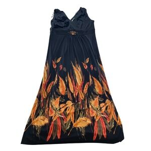 Roz & Ali Black Floral Leaf Print Embellished Maxi Dress Womens 16 Sleeveless